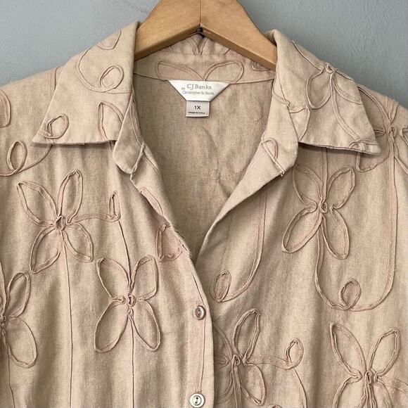 CJ Banks Top Plus Size 1X Beige Linen Soutache Embroidered Lagenlook Minimalist - Picture 3 of 9